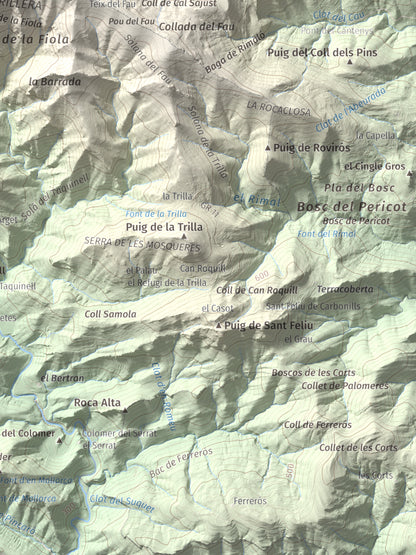 Mapa de relieve de Puig de la Gavarra, 1057 m, Alt Empordà, lámina 100 Cims de Trobart. Detalle de la zona inferior derecha. 30 × 40 cm.