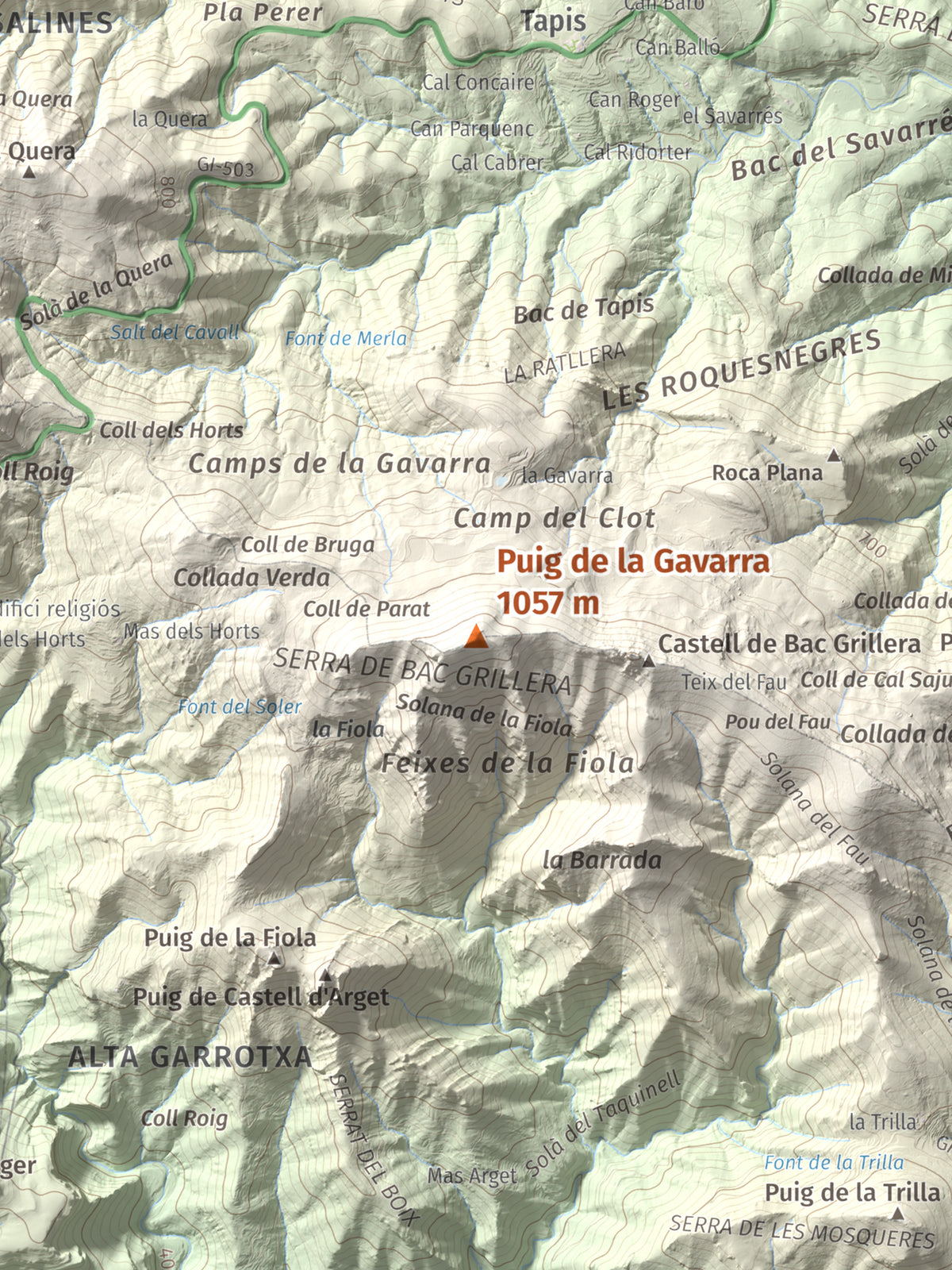 Mapa de relieve de Puig de la Gavarra, 1057 m, Alt Empordà, lámina 100 Cims de Trobart. Detalle de la zona central. 30 × 40 cm.