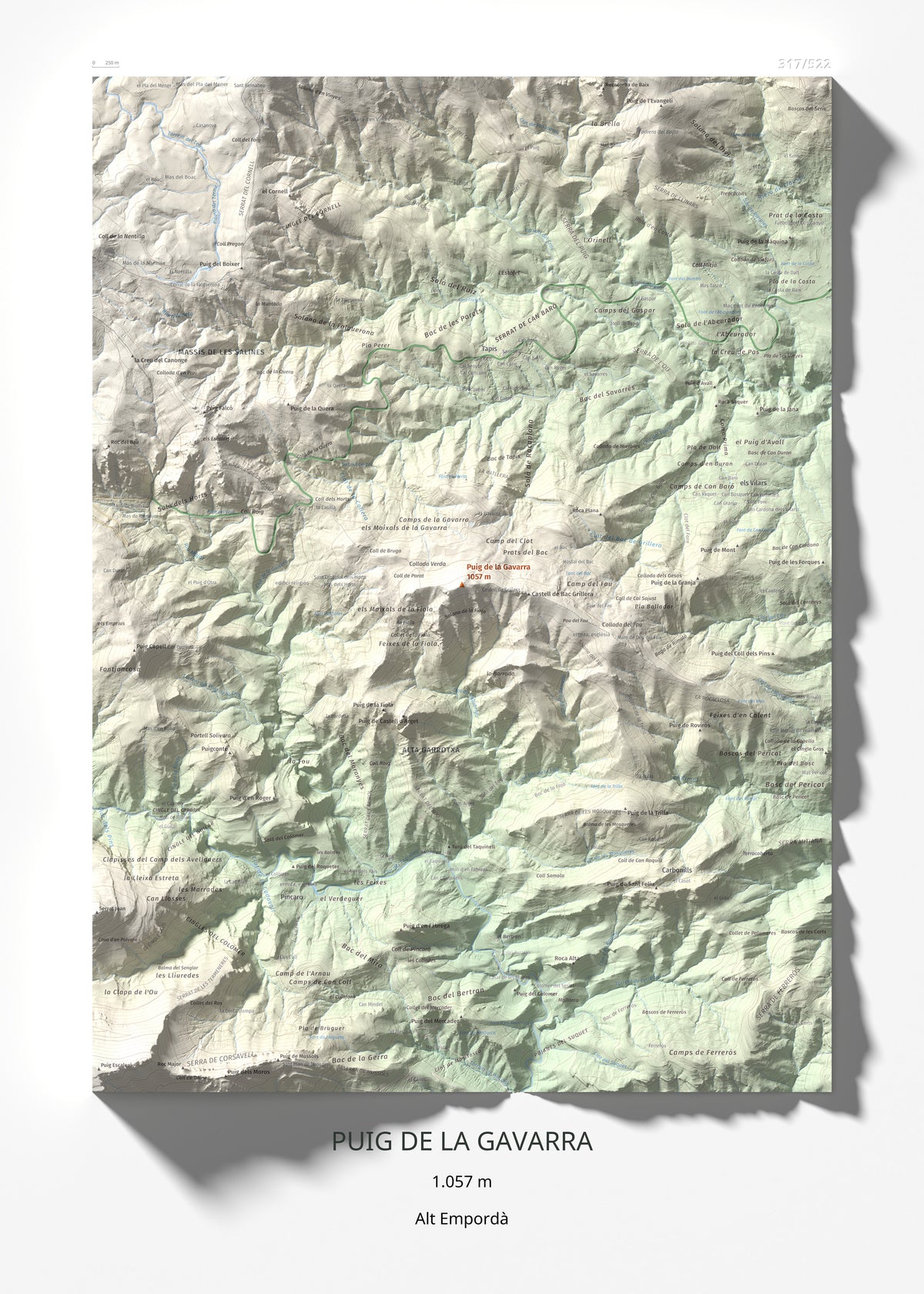 Mapa de relieve de Puig de la Gavarra, 1057 m, Alt Empordà, lámina 100 Cims de Trobart 50 × 70 cm.