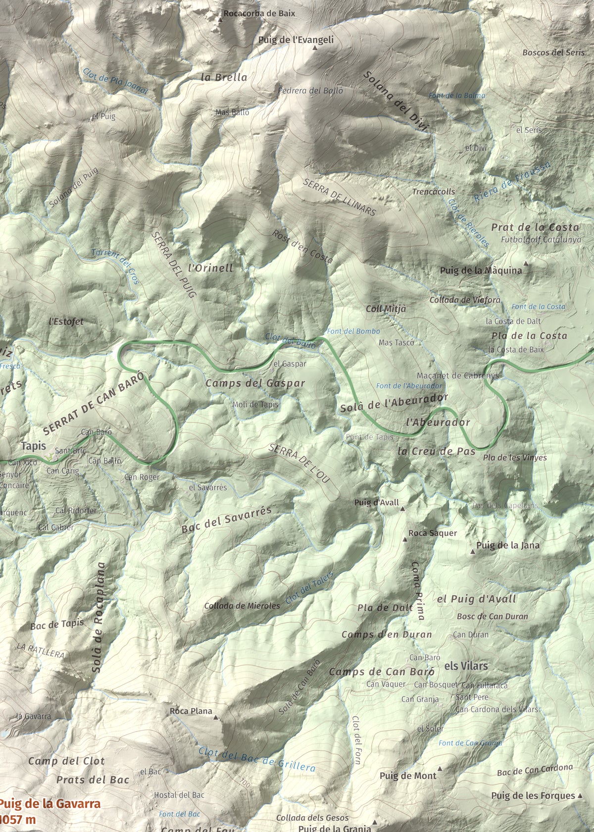 Mapa de relieve de Puig de la Gavarra, 1057 m, Alt Empordà, lámina 100 Cims de Trobart. Detalle de la zona superior derecha. 50 × 70 cm.