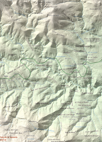 Mapa de relieve de Puig de la Gavarra, 1057 m, Alt Empordà, lámina 100 Cims de Trobart. Detalle de la zona superior derecha. 50 × 70 cm.