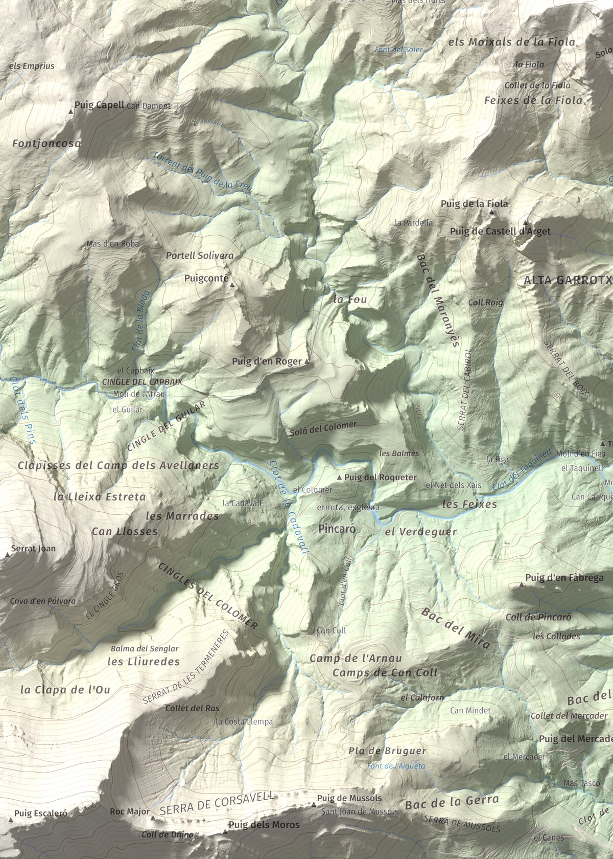Mapa de relieve de Puig de la Gavarra, 1057 m, Alt Empordà, lámina 100 Cims de Trobart. Detalle de la zona inferior izquierda. 50 × 70 cm.