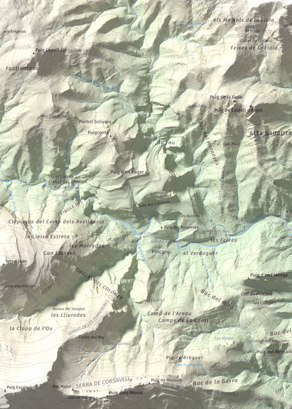 Mapa de relieve de Puig de la Gavarra, 1057 m, Alt Empordà, lámina 100 Cims de Trobart. Detalle de la zona inferior izquierda. 50 × 70 cm.
