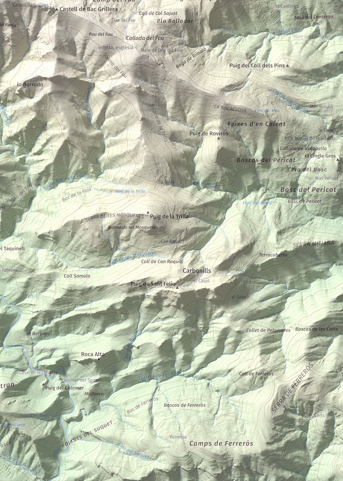 Mapa de relieve de Puig de la Gavarra, 1057 m, Alt Empordà, lámina 100 Cims de Trobart. Detalle de la zona inferior derecha. 50 × 70 cm.