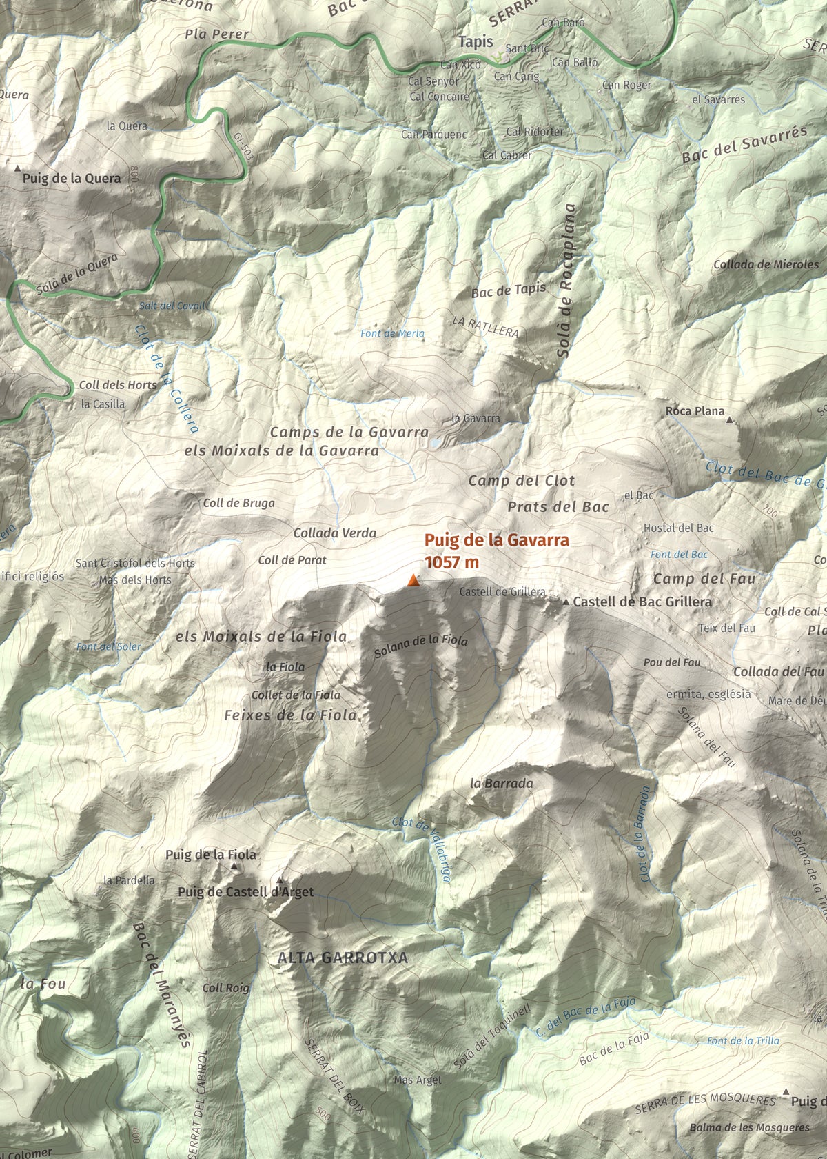 Mapa de relieve de Puig de la Gavarra, 1057 m, Alt Empordà, lámina 100 Cims de Trobart. Detalle de la zona central. 50 × 70 cm.