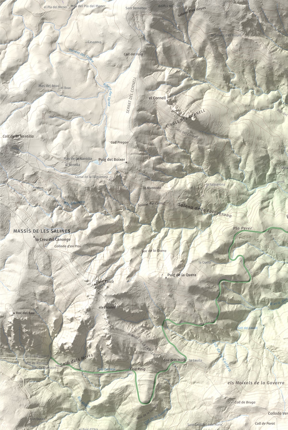 Mapa de relieve de Puig de la Gavarra, 1057 m, Alt Empordà, lámina 100 Cims de Trobart. Detalle de la zona superior izquierda. 61 × 91 cm.