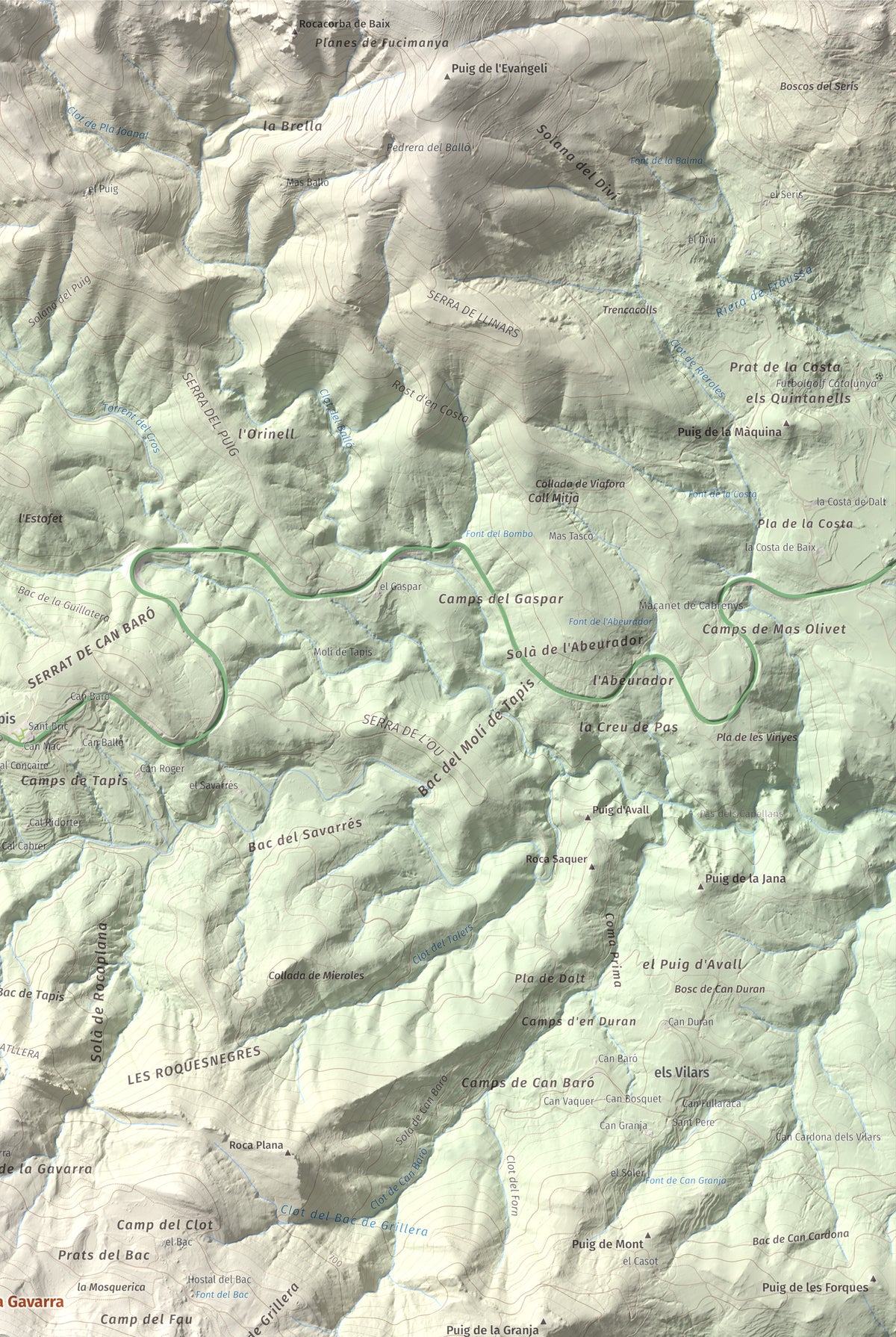 Mapa de relieve de Puig de la Gavarra, 1057 m, Alt Empordà, lámina 100 Cims de Trobart. Detalle de la zona superior derecha. 61 × 91 cm.