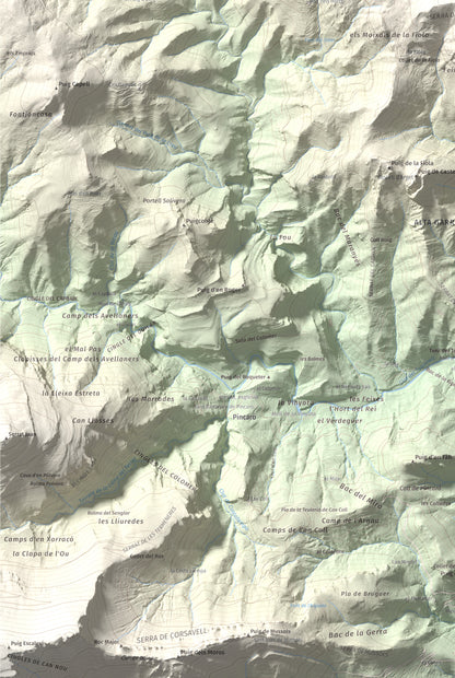Mapa de relieve de Puig de la Gavarra, 1057 m, Alt Empordà, lámina 100 Cims de Trobart. Detalle de la zona inferior izquierda. 61 × 91 cm.