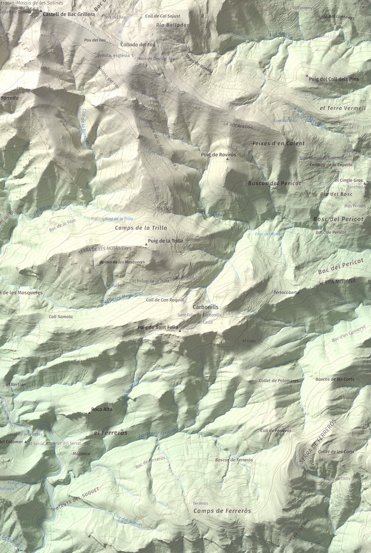 Mapa de relieve de Puig de la Gavarra, 1057 m, Alt Empordà, lámina 100 Cims de Trobart. Detalle de la zona inferior derecha. 61 × 91 cm.