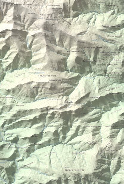 Mapa de relieve de Puig de la Gavarra, 1057 m, Alt Empordà, lámina 100 Cims de Trobart. Detalle de la zona inferior derecha. 61 × 91 cm.