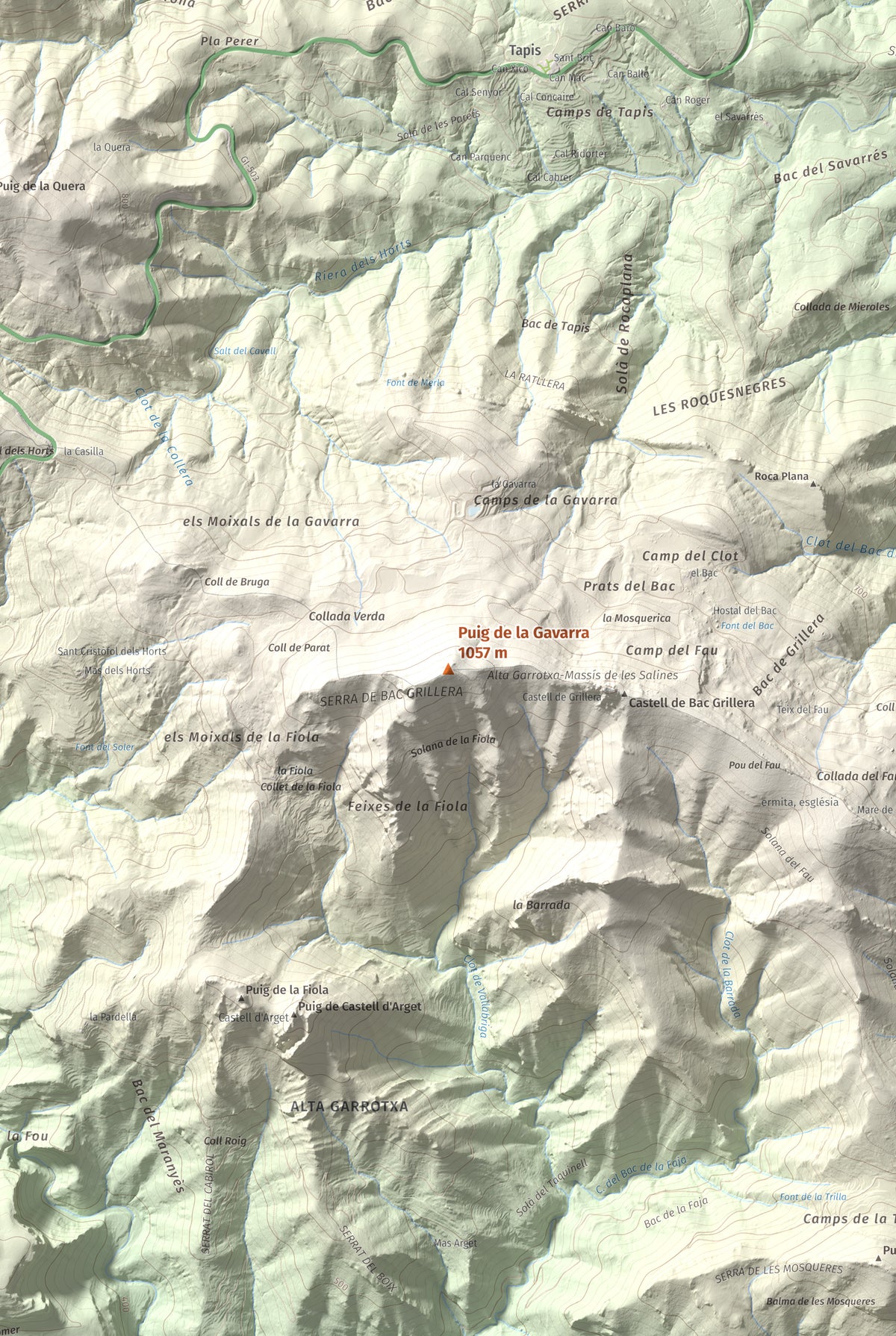 Mapa de relieve de Puig de la Gavarra, 1057 m, Alt Empordà, lámina 100 Cims de Trobart. Detalle de la zona central. 61 × 91 cm.