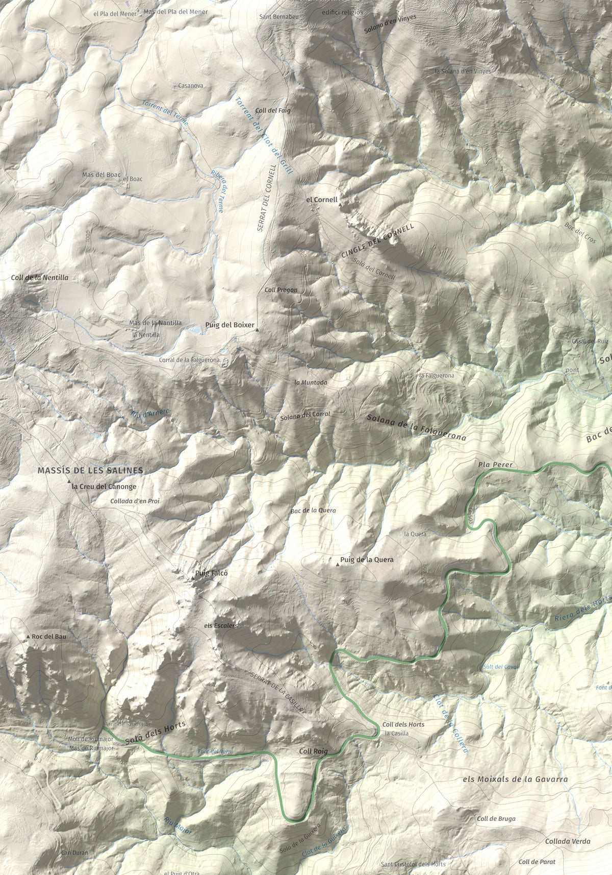 Mapa de relieve de Puig de la Gavarra, 1057 m, Alt Empordà, lámina 100 Cims de Trobart. Detalle de la zona superior izquierda. 70 × 100 cm.