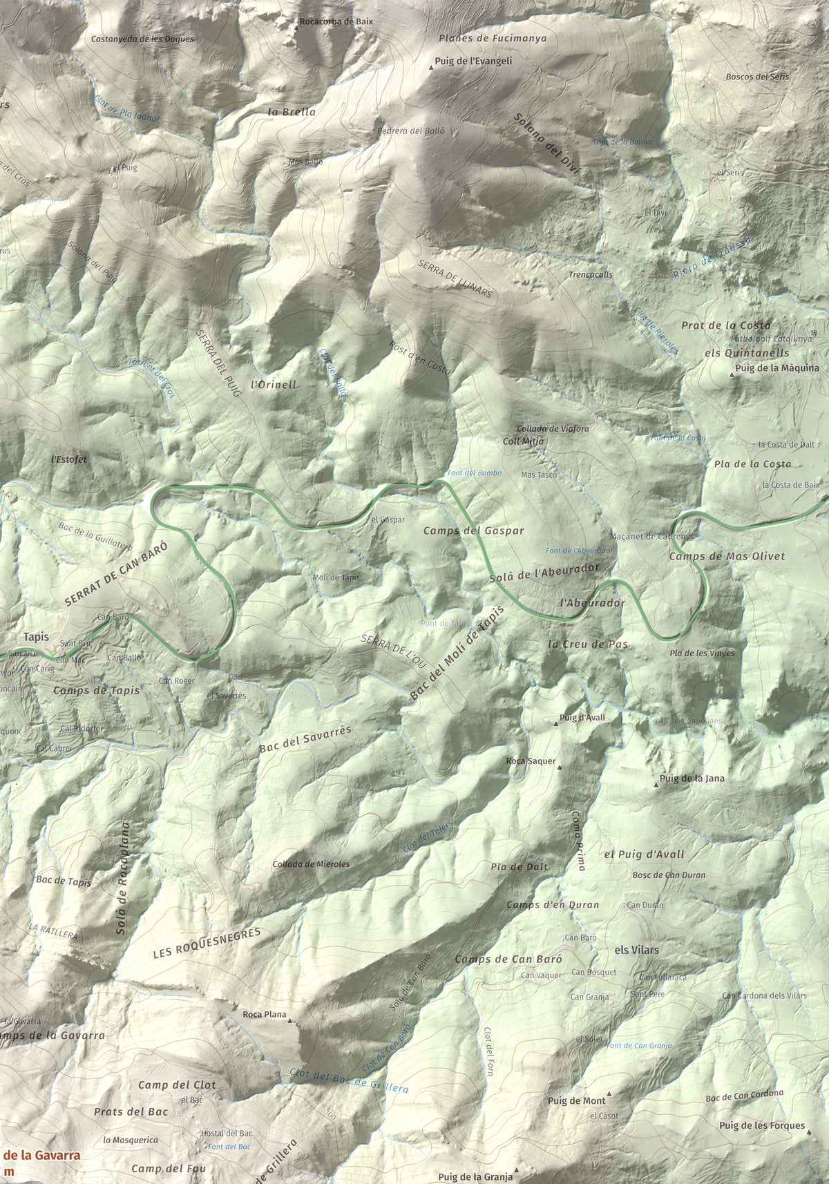 Mapa de relieve de Puig de la Gavarra, 1057 m, Alt Empordà, lámina 100 Cims de Trobart. Detalle de la zona superior derecha. 70 × 100 cm.