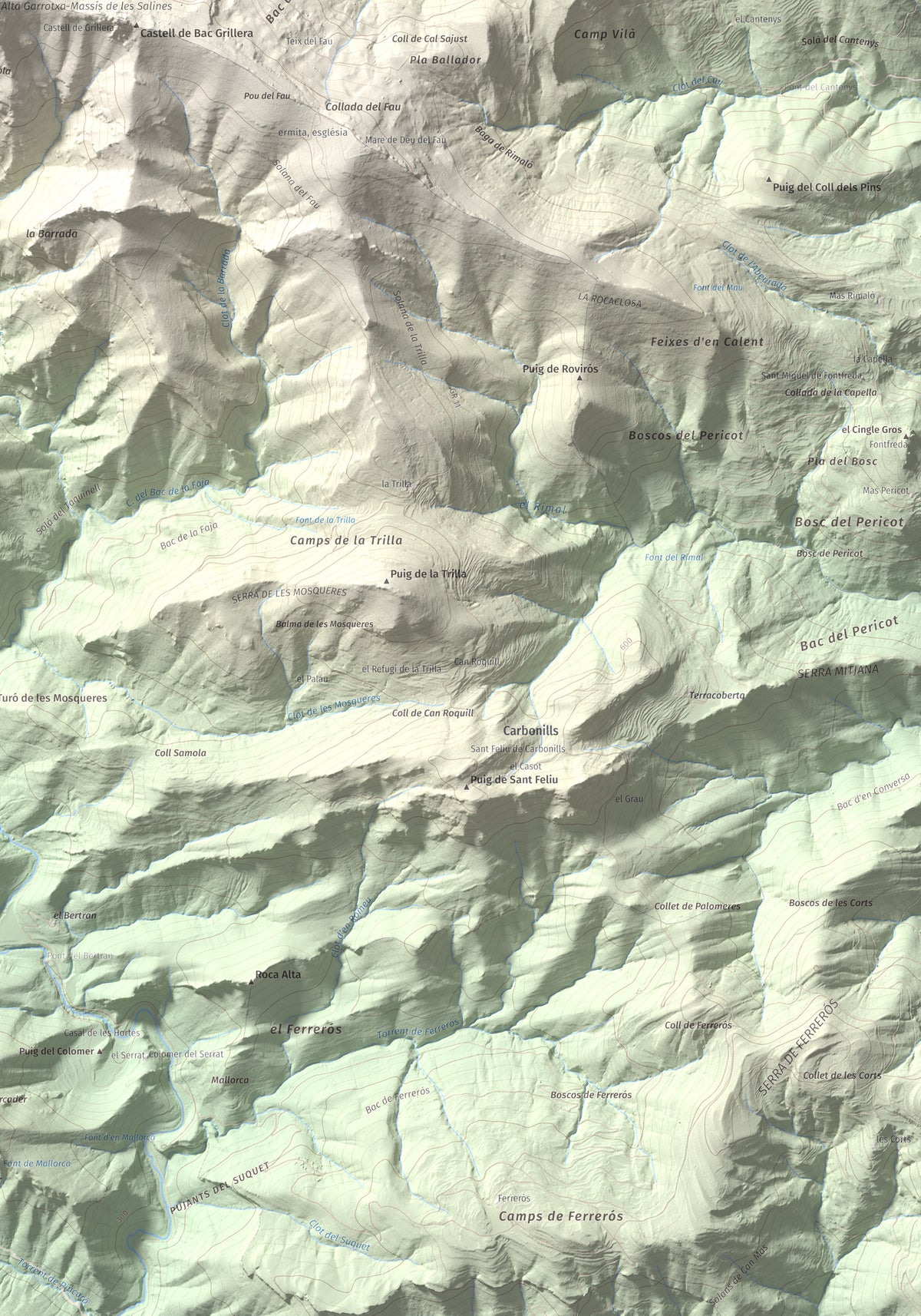 Mapa de relieve de Puig de la Gavarra, 1057 m, Alt Empordà, lámina 100 Cims de Trobart. Detalle de la zona inferior derecha. 70 × 100 cm.