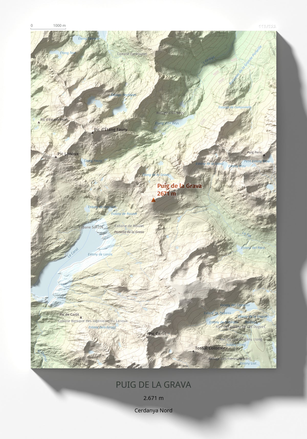 Mapa de relieve de Puig de la Grava, 2671 m, Cerdanya Nord, lámina 100 Cims de Trobart 21 × 30 cm.