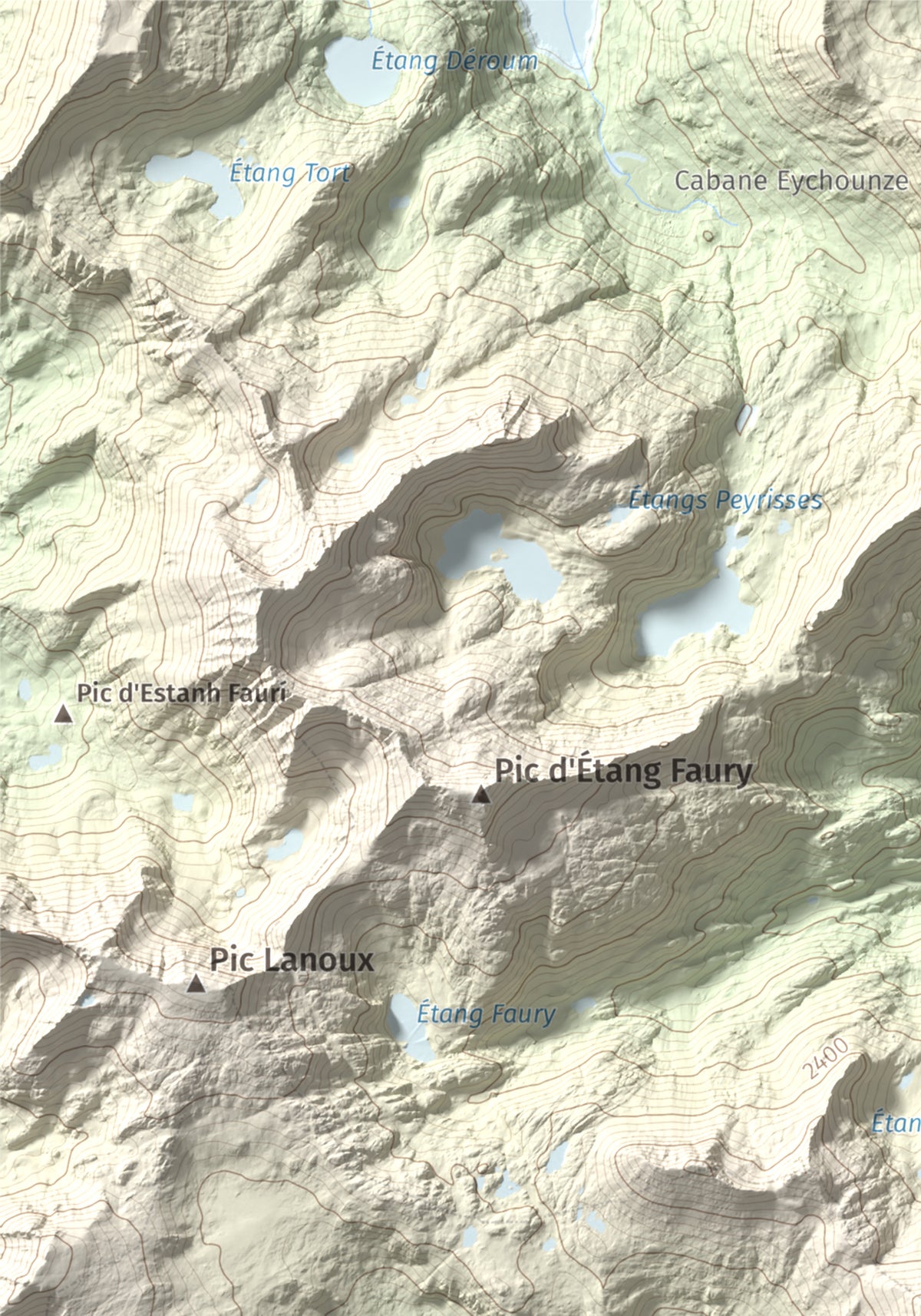 Mapa de relieve de Puig de la Grava, 2671 m, Cerdanya Nord, lámina 100 Cims de Trobart. Detalle de la zona superior izquierda. 21 × 30 cm.