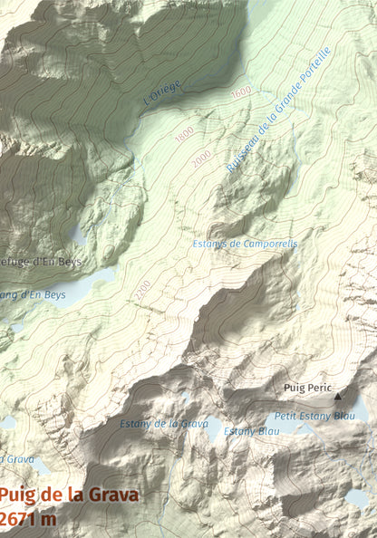 Mapa de relieve de Puig de la Grava, 2671 m, Cerdanya Nord, lámina 100 Cims de Trobart. Detalle de la zona superior derecha. 21 × 30 cm.