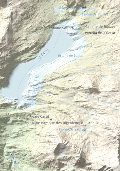 Mapa de relieve de Puig de la Grava, 2671 m, Cerdanya Nord, lámina 100 Cims de Trobart. Detalle de la zona inferior izquierda. 21 × 30 cm.
