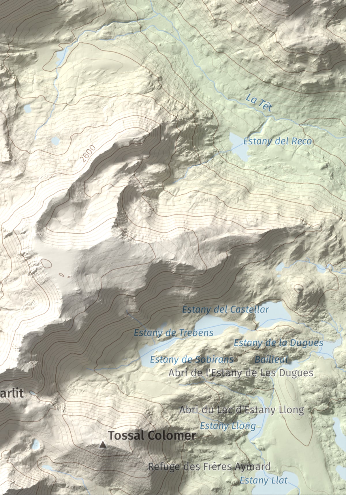 Mapa de relieve de Puig de la Grava, 2671 m, Cerdanya Nord, lámina 100 Cims de Trobart. Detalle de la zona inferior derecha. 21 × 30 cm.