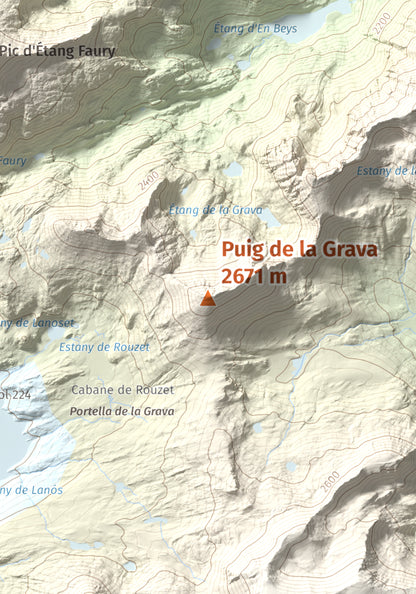 Mapa de relieve de Puig de la Grava, 2671 m, Cerdanya Nord, lámina 100 Cims de Trobart. Detalle de la zona central. 21 × 30 cm.