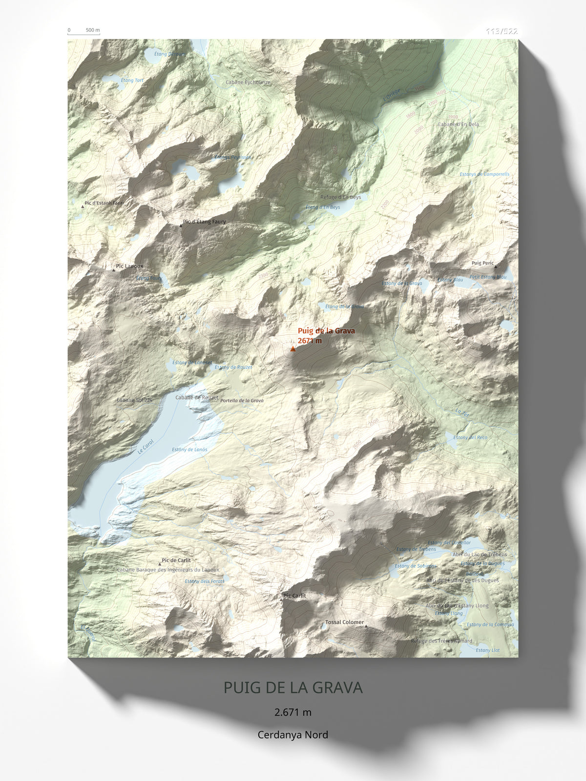 Mapa de relieve de Puig de la Grava, 2671 m, Cerdanya Nord, lámina 100 Cims de Trobart 30 × 40 cm.