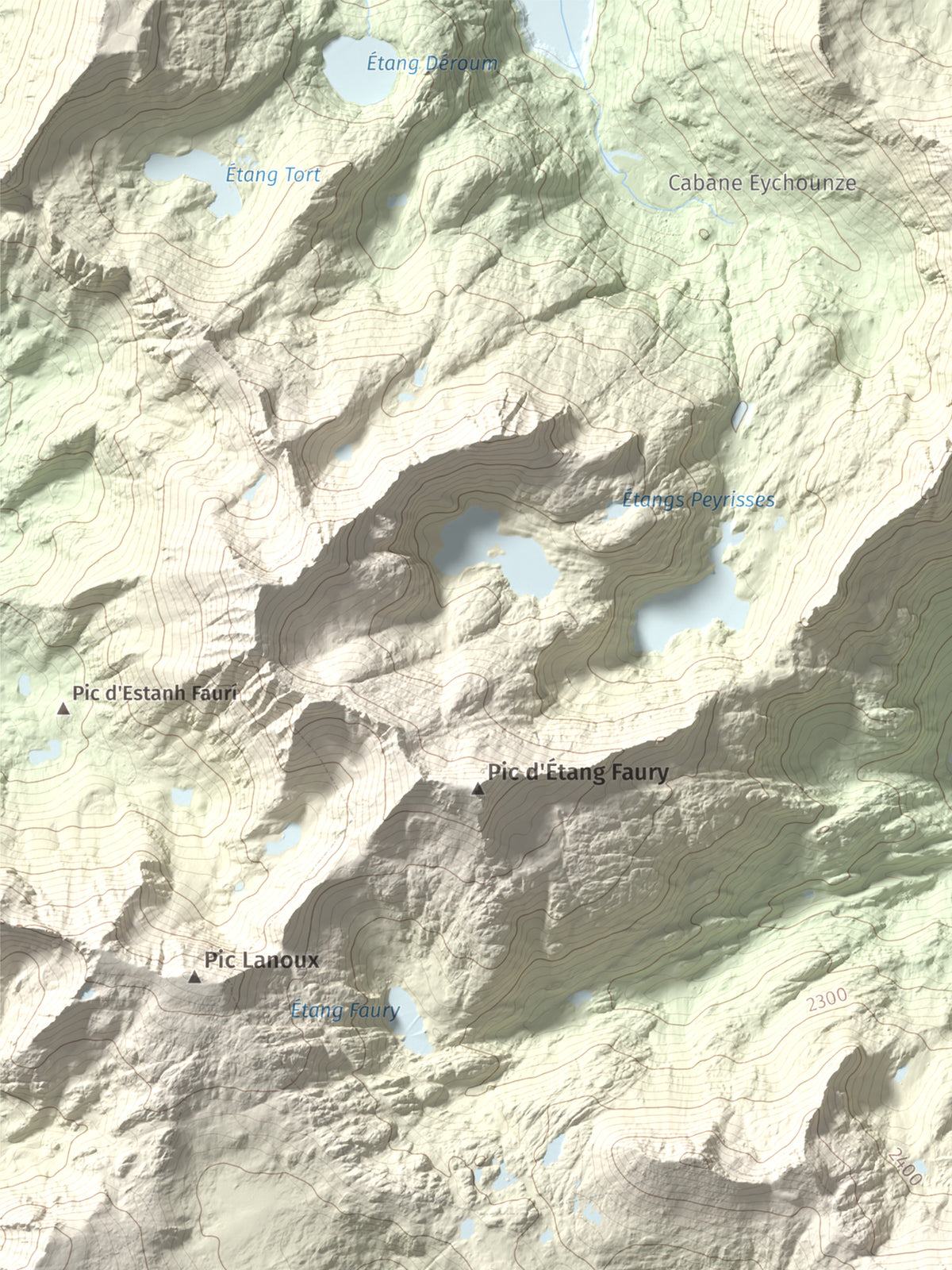 Mapa de relieve de Puig de la Grava, 2671 m, Cerdanya Nord, lámina 100 Cims de Trobart. Detalle de la zona superior izquierda. 30 × 40 cm.