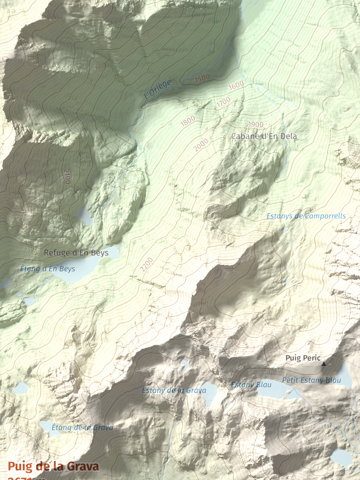 Mapa de relieve de Puig de la Grava, 2671 m, Cerdanya Nord, lámina 100 Cims de Trobart. Detalle de la zona superior derecha. 30 × 40 cm.