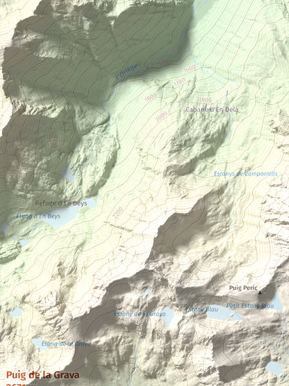 Mapa de relieve de Puig de la Grava, 2671 m, Cerdanya Nord, lámina 100 Cims de Trobart. Detalle de la zona superior derecha. 30 × 40 cm.