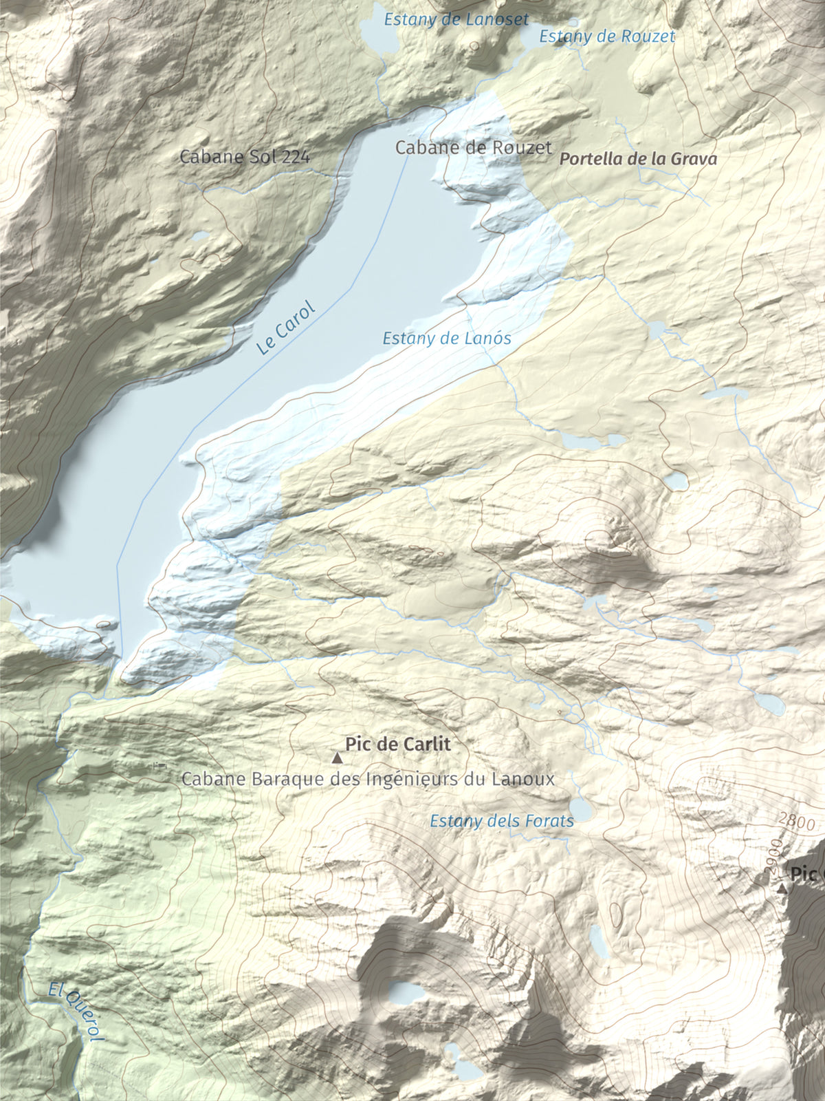 Mapa de relieve de Puig de la Grava, 2671 m, Cerdanya Nord, lámina 100 Cims de Trobart. Detalle de la zona inferior izquierda. 30 × 40 cm.