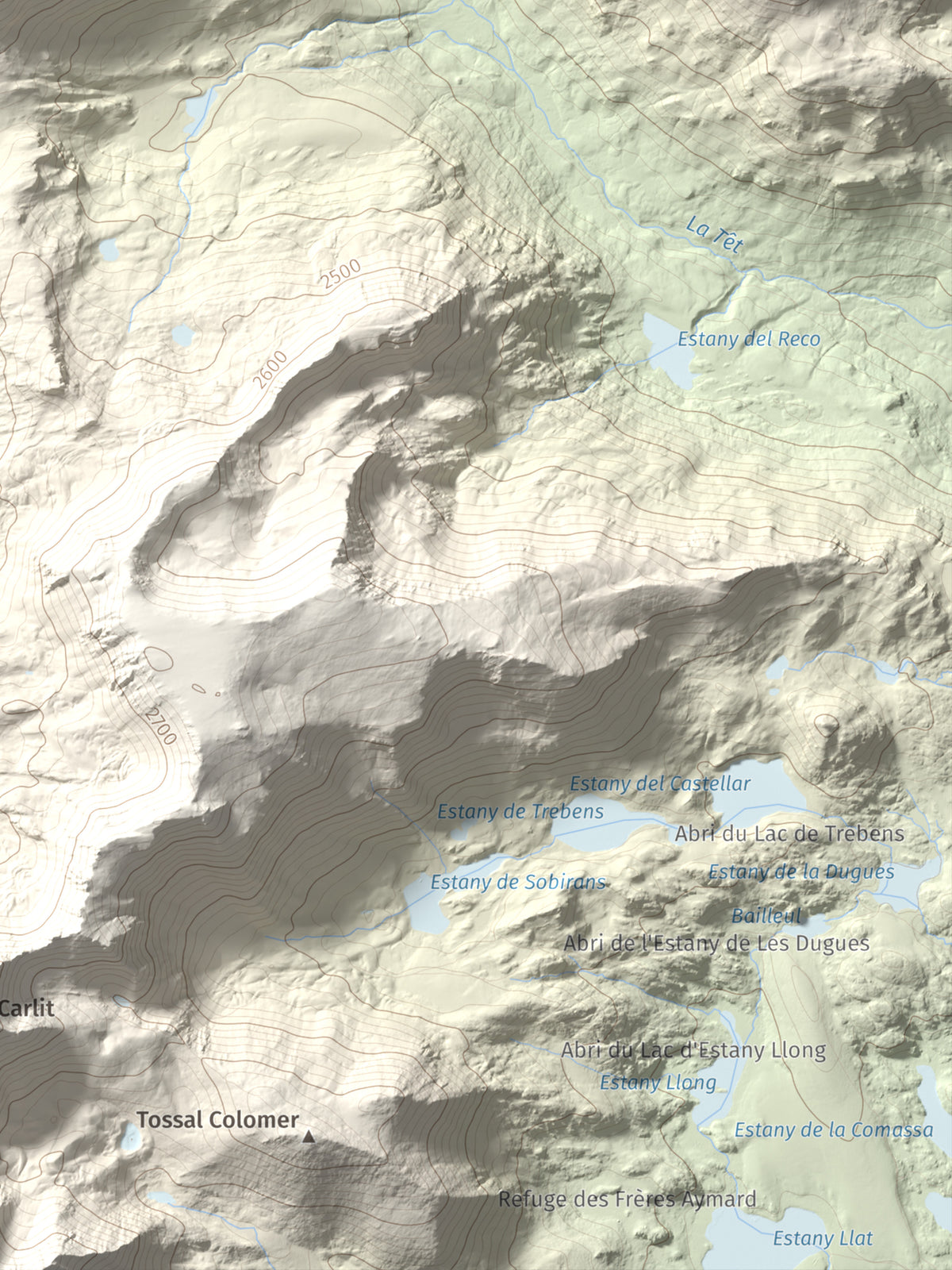 Mapa de relieve de Puig de la Grava, 2671 m, Cerdanya Nord, lámina 100 Cims de Trobart. Detalle de la zona inferior derecha. 30 × 40 cm.