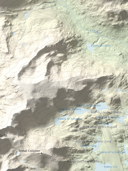 Mapa de relieve de Puig de la Grava, 2671 m, Cerdanya Nord, lámina 100 Cims de Trobart. Detalle de la zona inferior derecha. 30 × 40 cm.