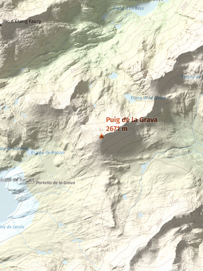 Mapa de relieve de Puig de la Grava, 2671 m, Cerdanya Nord, lámina 100 Cims de Trobart. Detalle de la zona central. 30 × 40 cm.