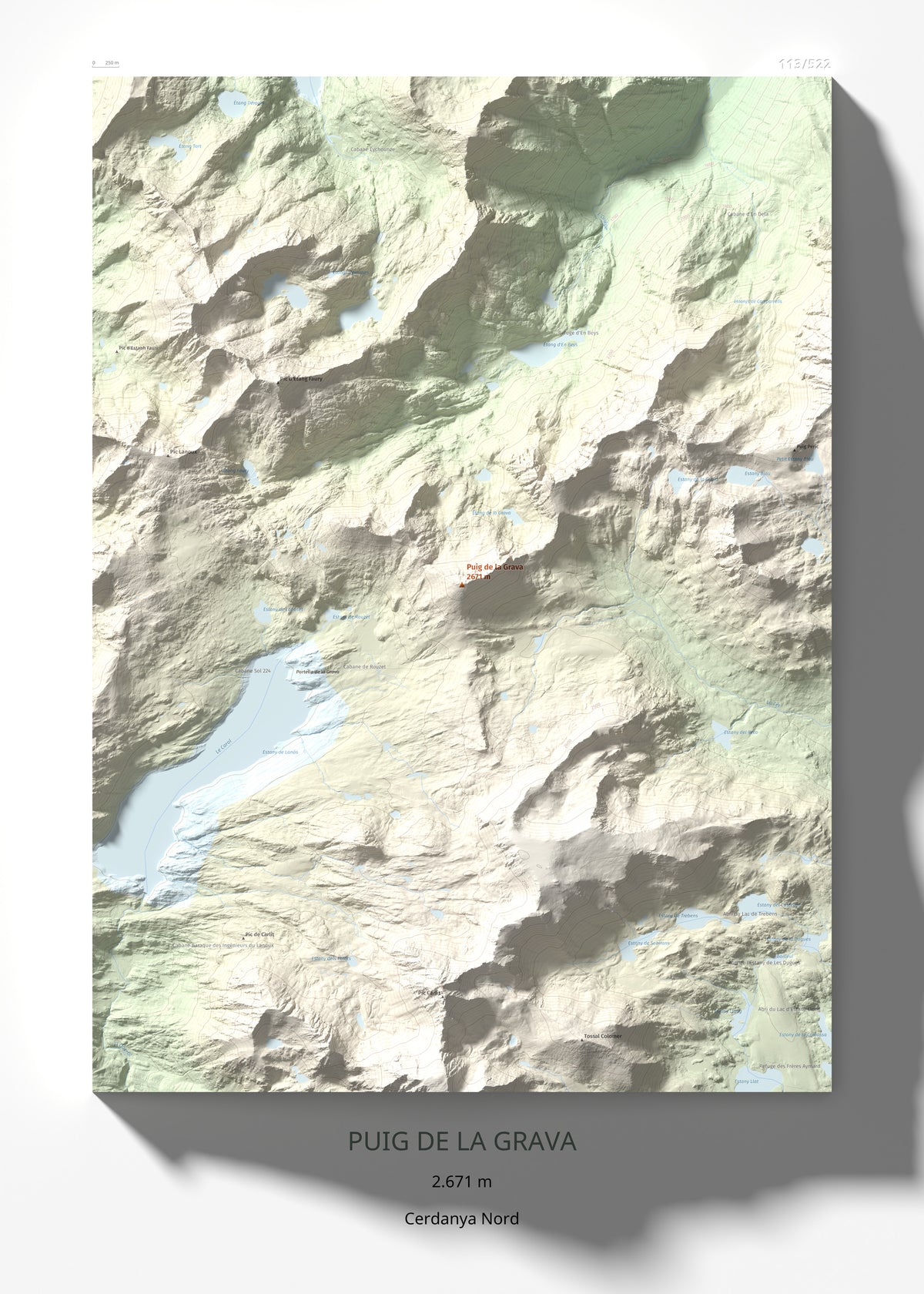 Mapa de relieve de Puig de la Grava, 2671 m, Cerdanya Nord, lámina 100 Cims de Trobart 50 × 70 cm.