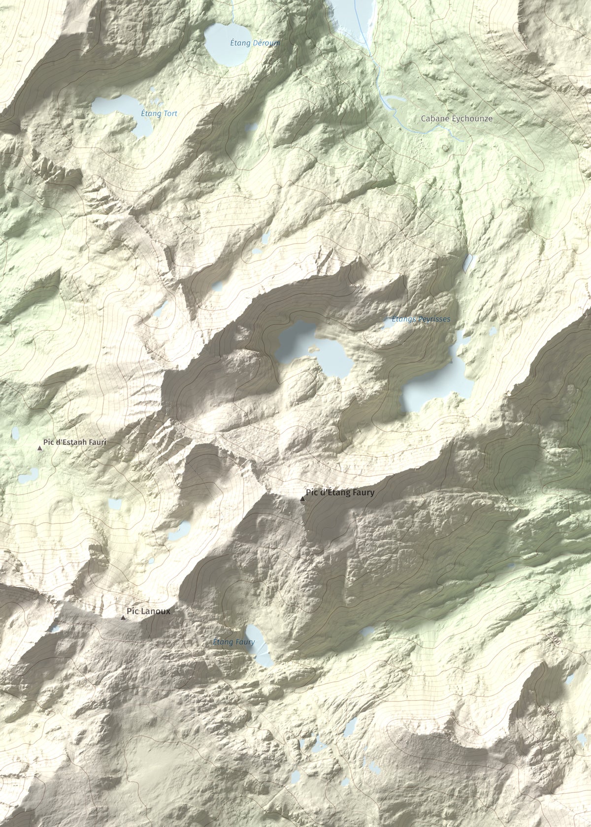 Mapa de relieve de Puig de la Grava, 2671 m, Cerdanya Nord, lámina 100 Cims de Trobart. Detalle de la zona superior izquierda. 50 × 70 cm.