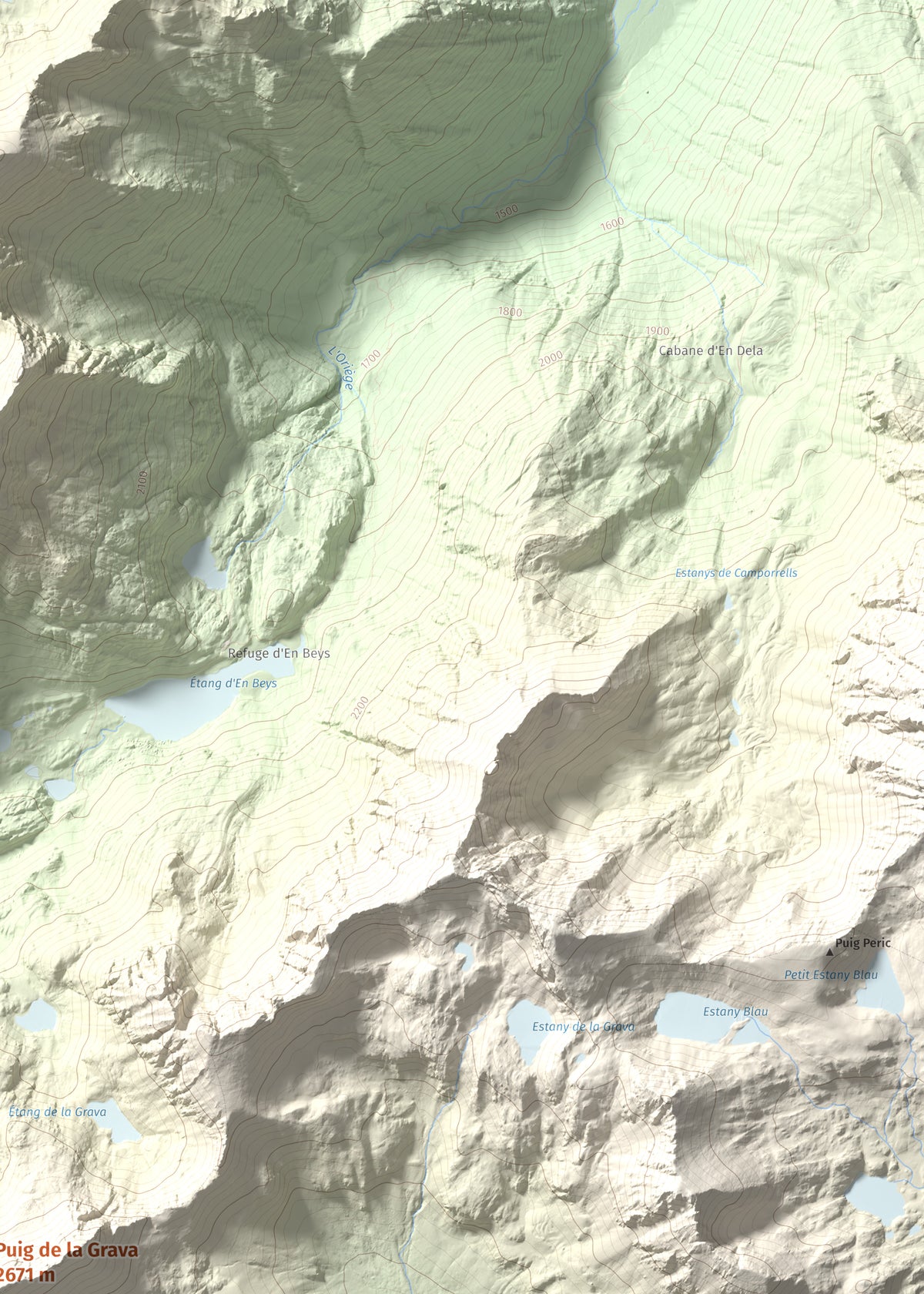 Mapa de relieve de Puig de la Grava, 2671 m, Cerdanya Nord, lámina 100 Cims de Trobart. Detalle de la zona superior derecha. 50 × 70 cm.
