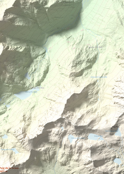 Mapa de relieve de Puig de la Grava, 2671 m, Cerdanya Nord, lámina 100 Cims de Trobart. Detalle de la zona superior derecha. 50 × 70 cm.