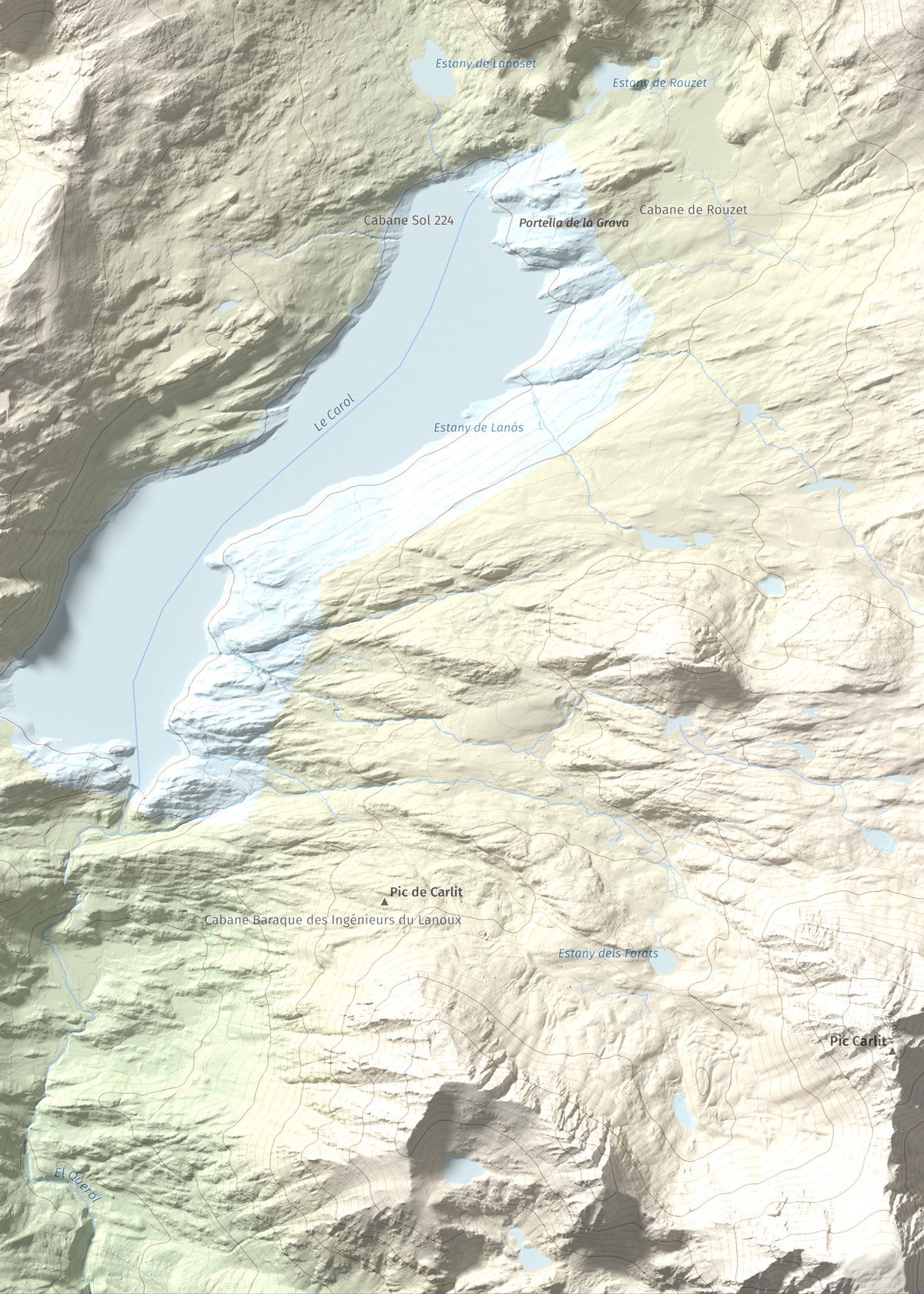 Mapa de relieve de Puig de la Grava, 2671 m, Cerdanya Nord, lámina 100 Cims de Trobart. Detalle de la zona inferior izquierda. 50 × 70 cm.
