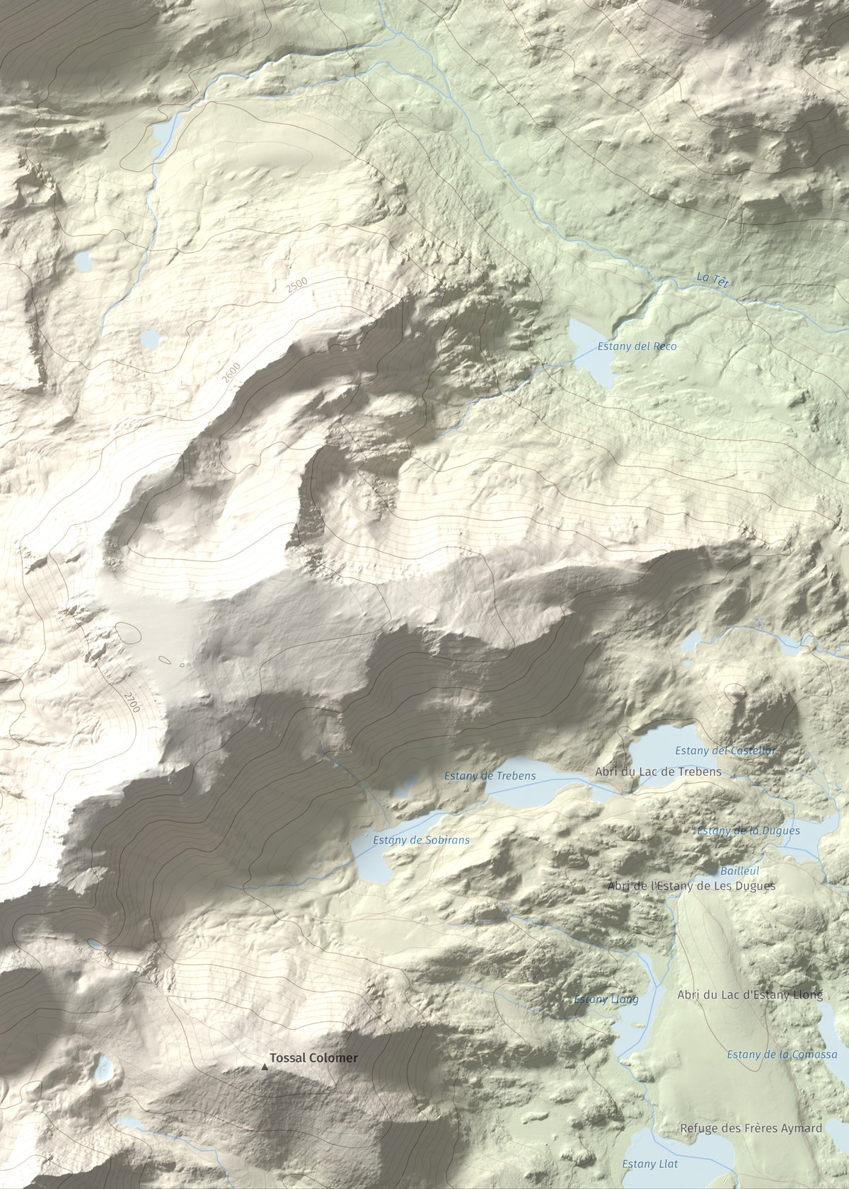 Mapa de relieve de Puig de la Grava, 2671 m, Cerdanya Nord, lámina 100 Cims de Trobart. Detalle de la zona inferior derecha. 50 × 70 cm.