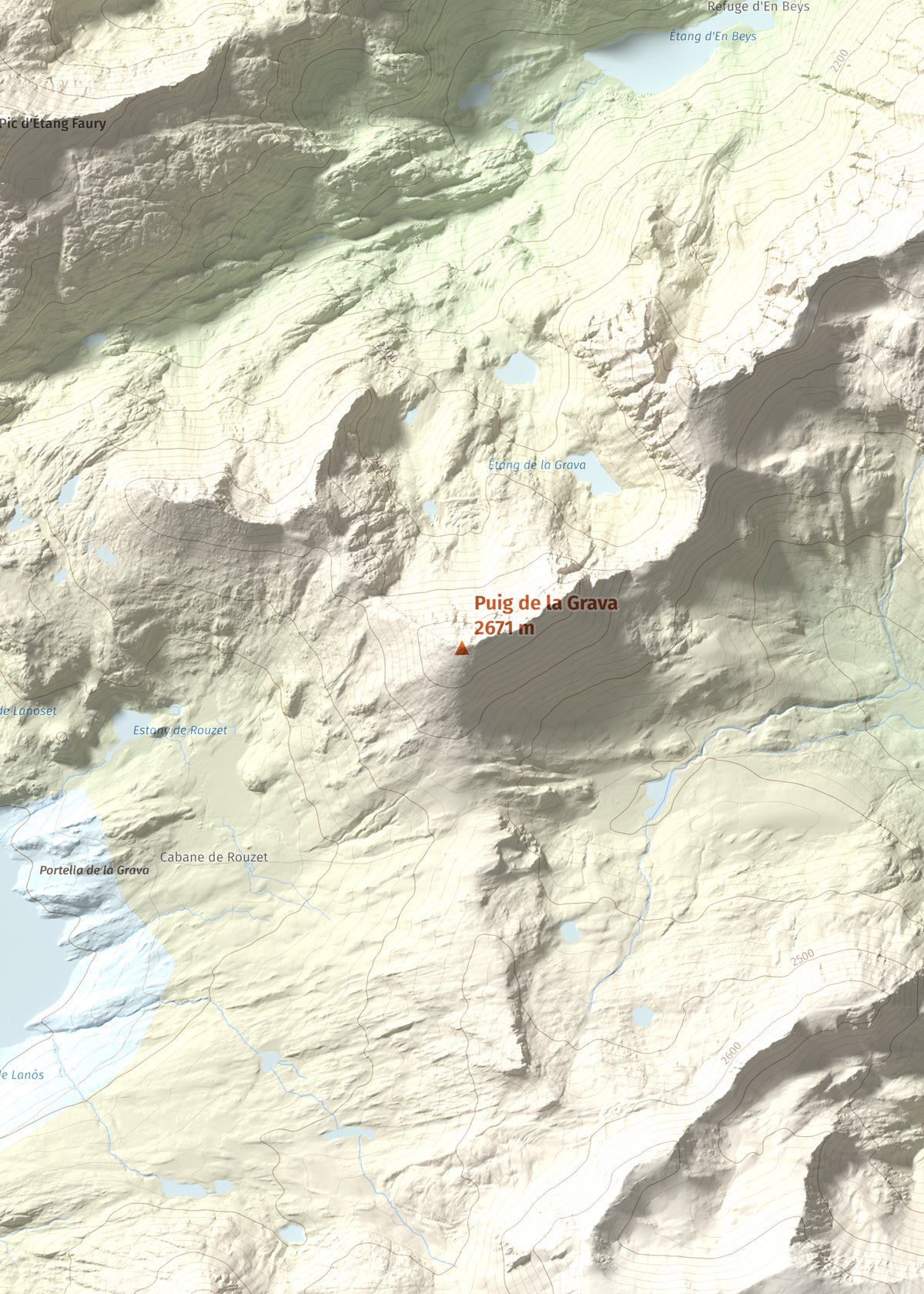 Mapa de relieve de Puig de la Grava, 2671 m, Cerdanya Nord, lámina 100 Cims de Trobart. Detalle de la zona central. 50 × 70 cm.