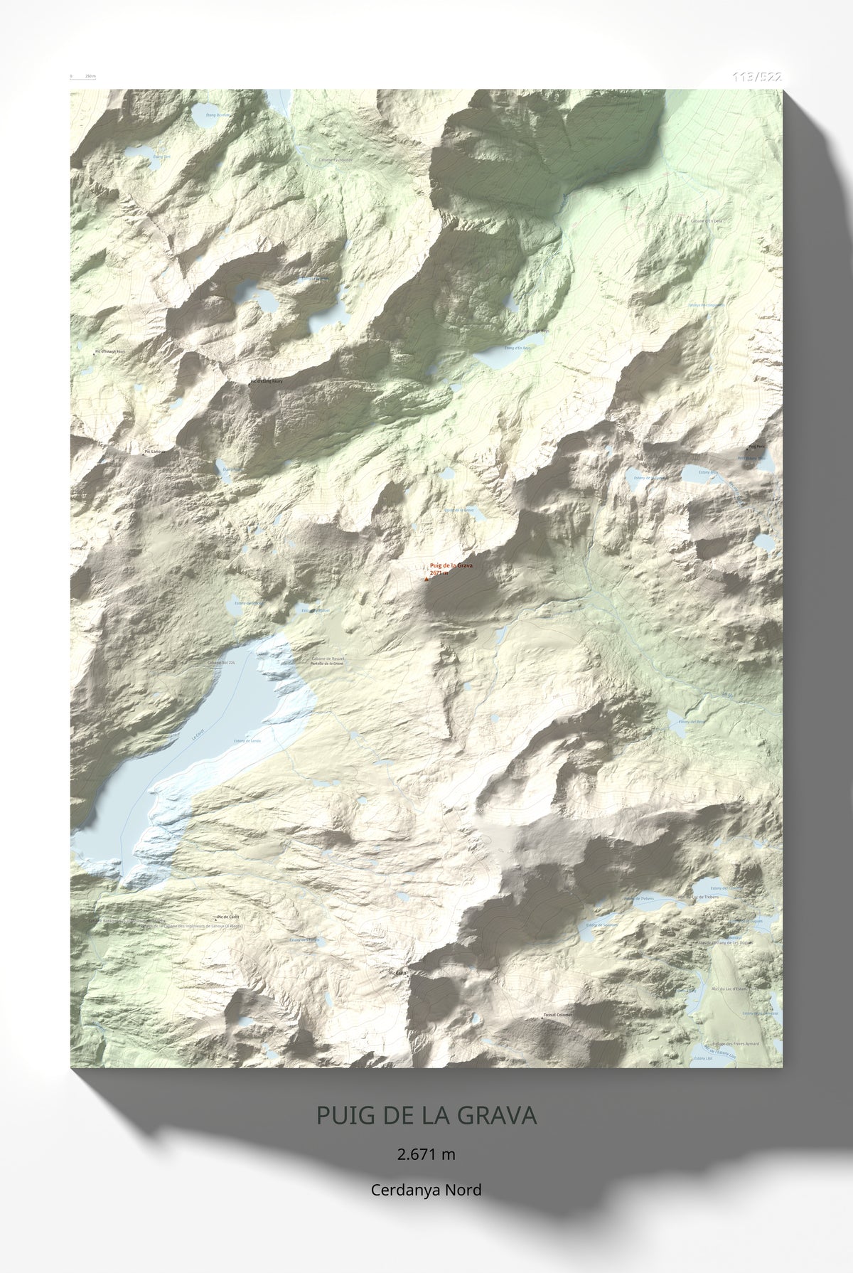 Mapa de relieve de Puig de la Grava, 2671 m, Cerdanya Nord, lámina 100 Cims de Trobart 61 × 91 cm.