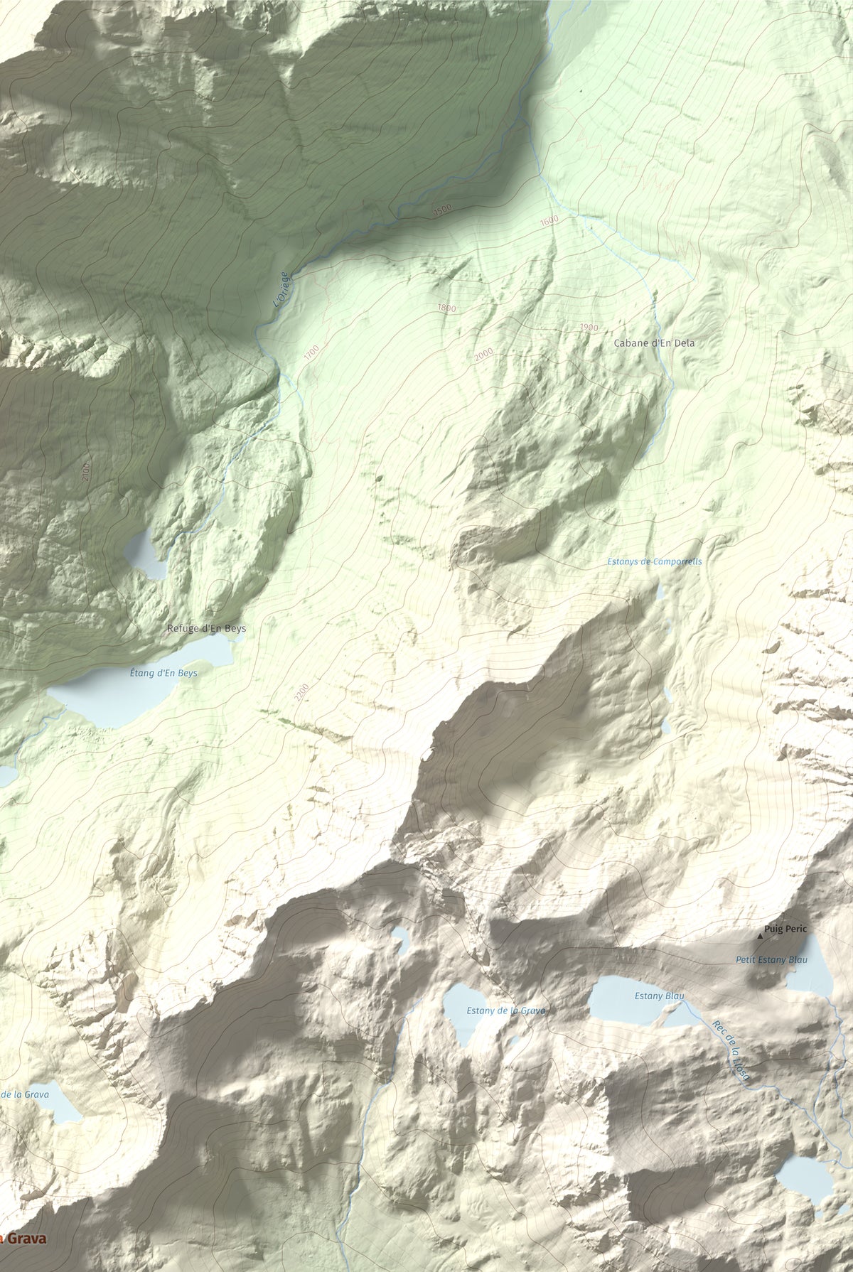 Mapa de relieve de Puig de la Grava, 2671 m, Cerdanya Nord, lámina 100 Cims de Trobart. Detalle de la zona superior derecha. 61 × 91 cm.
