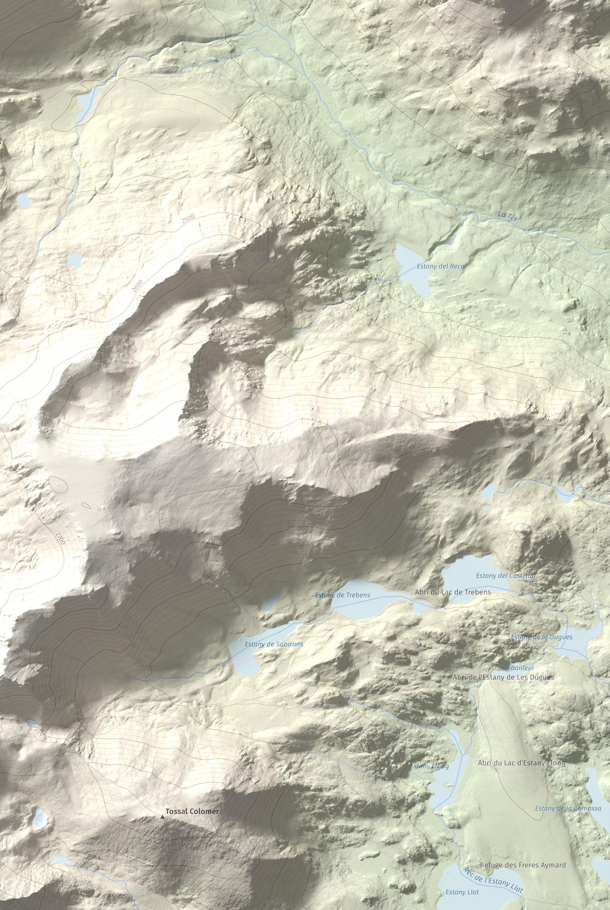 Mapa de relieve de Puig de la Grava, 2671 m, Cerdanya Nord, lámina 100 Cims de Trobart. Detalle de la zona inferior derecha. 61 × 91 cm.