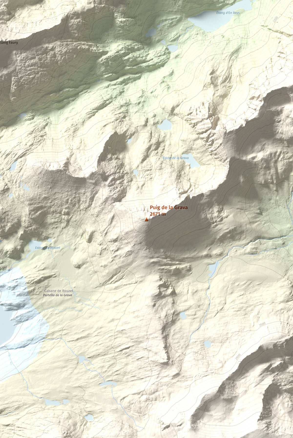 Mapa de relieve de Puig de la Grava, 2671 m, Cerdanya Nord, lámina 100 Cims de Trobart. Detalle de la zona central. 61 × 91 cm.