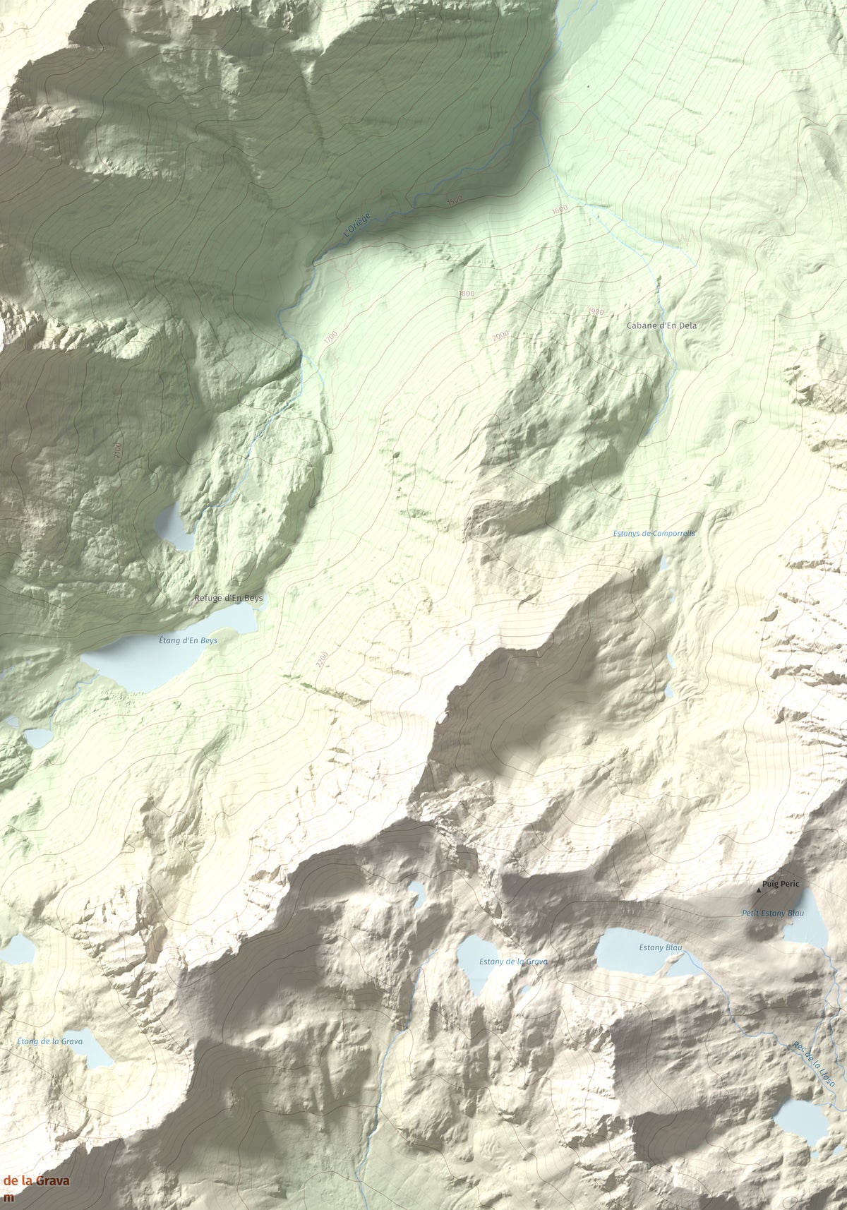 Mapa de relieve de Puig de la Grava, 2671 m, Cerdanya Nord, lámina 100 Cims de Trobart. Detalle de la zona superior derecha. 70 × 100 cm.