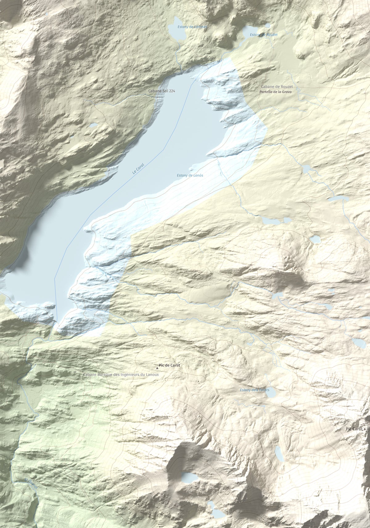 Mapa de relieve de Puig de la Grava, 2671 m, Cerdanya Nord, lámina 100 Cims de Trobart. Detalle de la zona inferior izquierda. 70 × 100 cm.