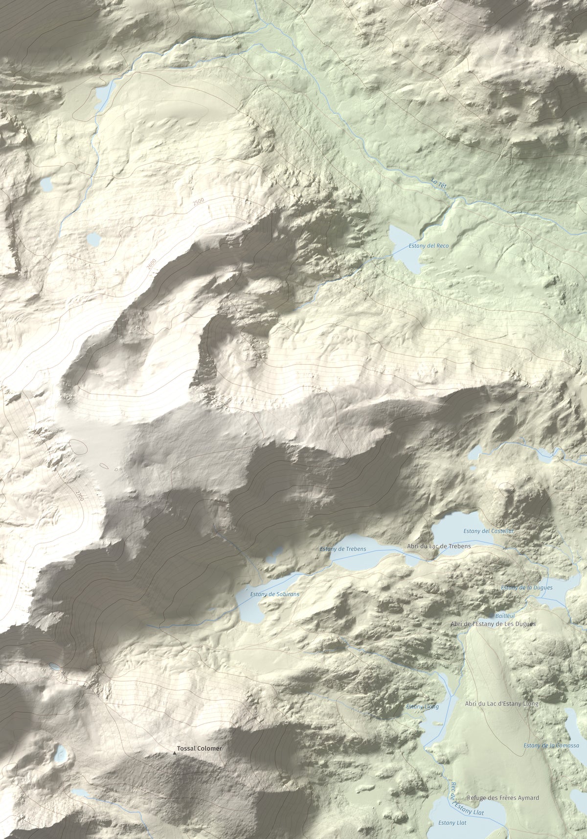 Mapa de relieve de Puig de la Grava, 2671 m, Cerdanya Nord, lámina 100 Cims de Trobart. Detalle de la zona inferior derecha. 70 × 100 cm.
