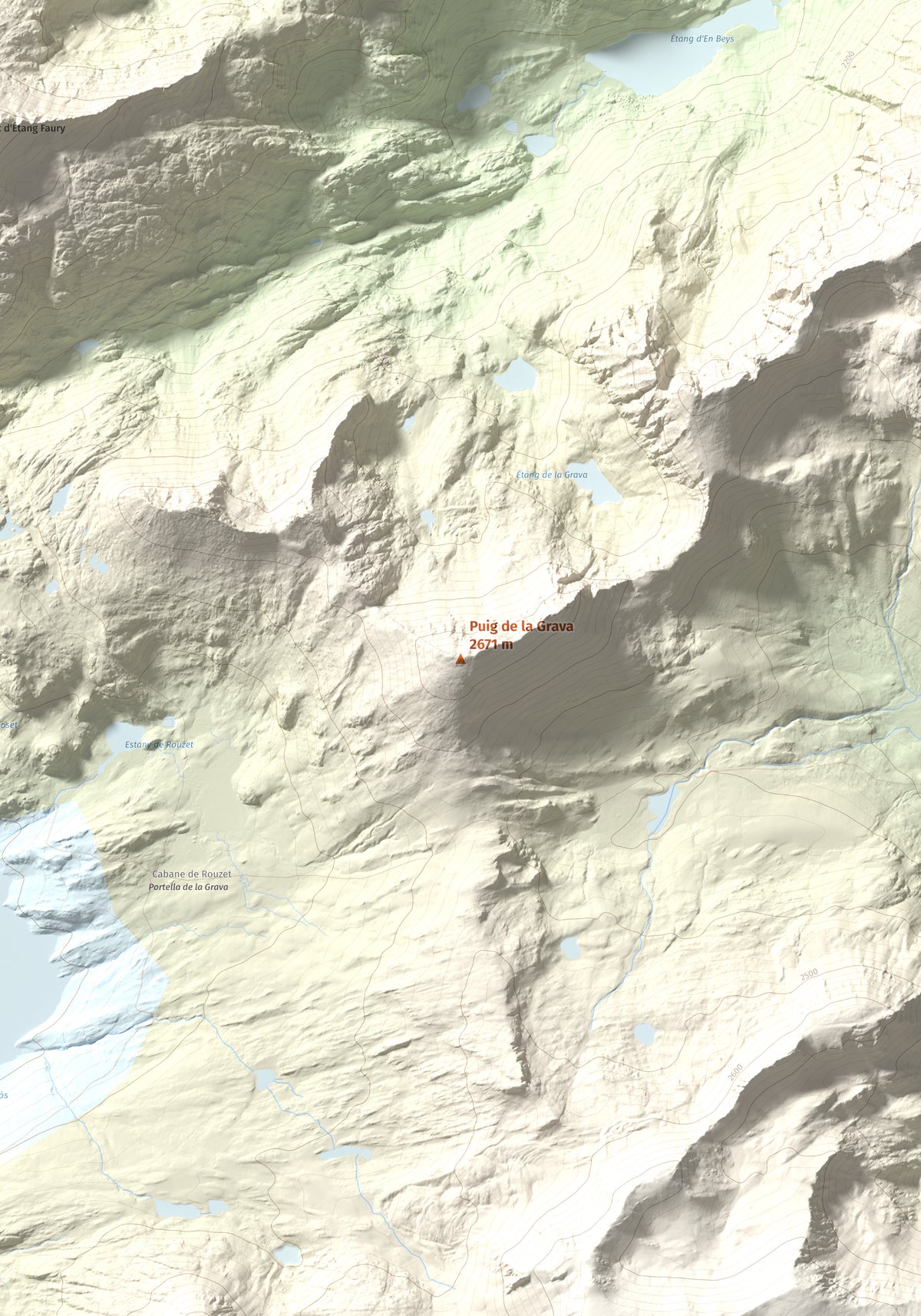 Mapa de relieve de Puig de la Grava, 2671 m, Cerdanya Nord, lámina 100 Cims de Trobart. Detalle de la zona central. 70 × 100 cm.