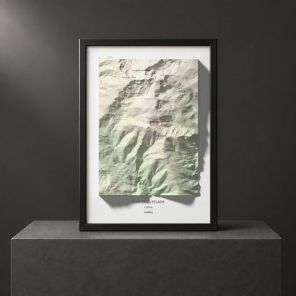 Mapa de relieve de Puig de la Pelada, 2370 m, Conflent, lámina 100 Cims de Trobart. Presentación enmarcada. 21 × 30 cm.