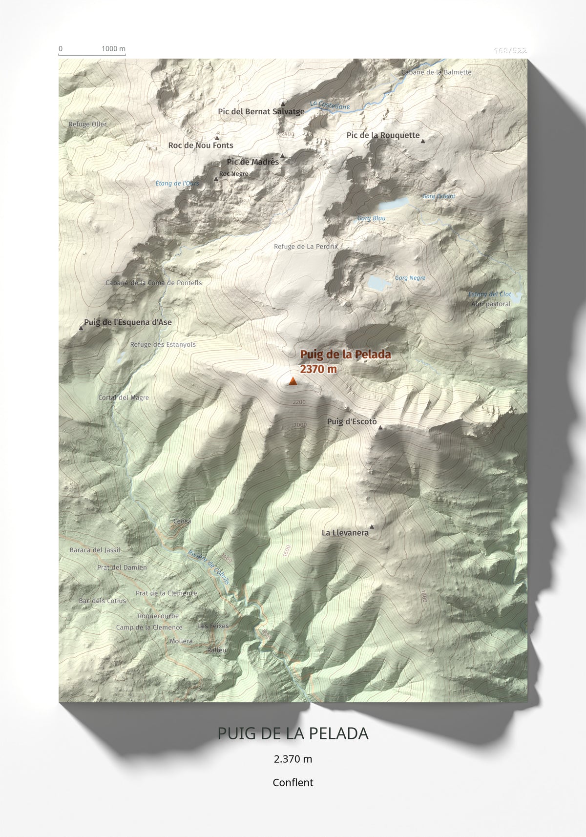 Mapa de relieve de Puig de la Pelada, 2370 m, Conflent, lámina 100 Cims de Trobart 21 × 30 cm.
