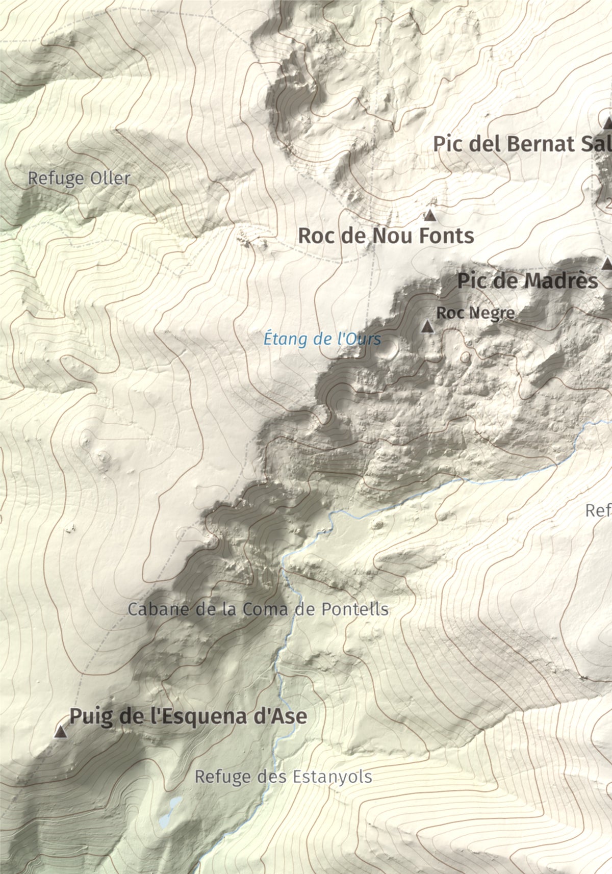 Mapa de relieve de Puig de la Pelada, 2370 m, Conflent, lámina 100 Cims de Trobart. Detalle de la zona superior izquierda. 21 × 30 cm.